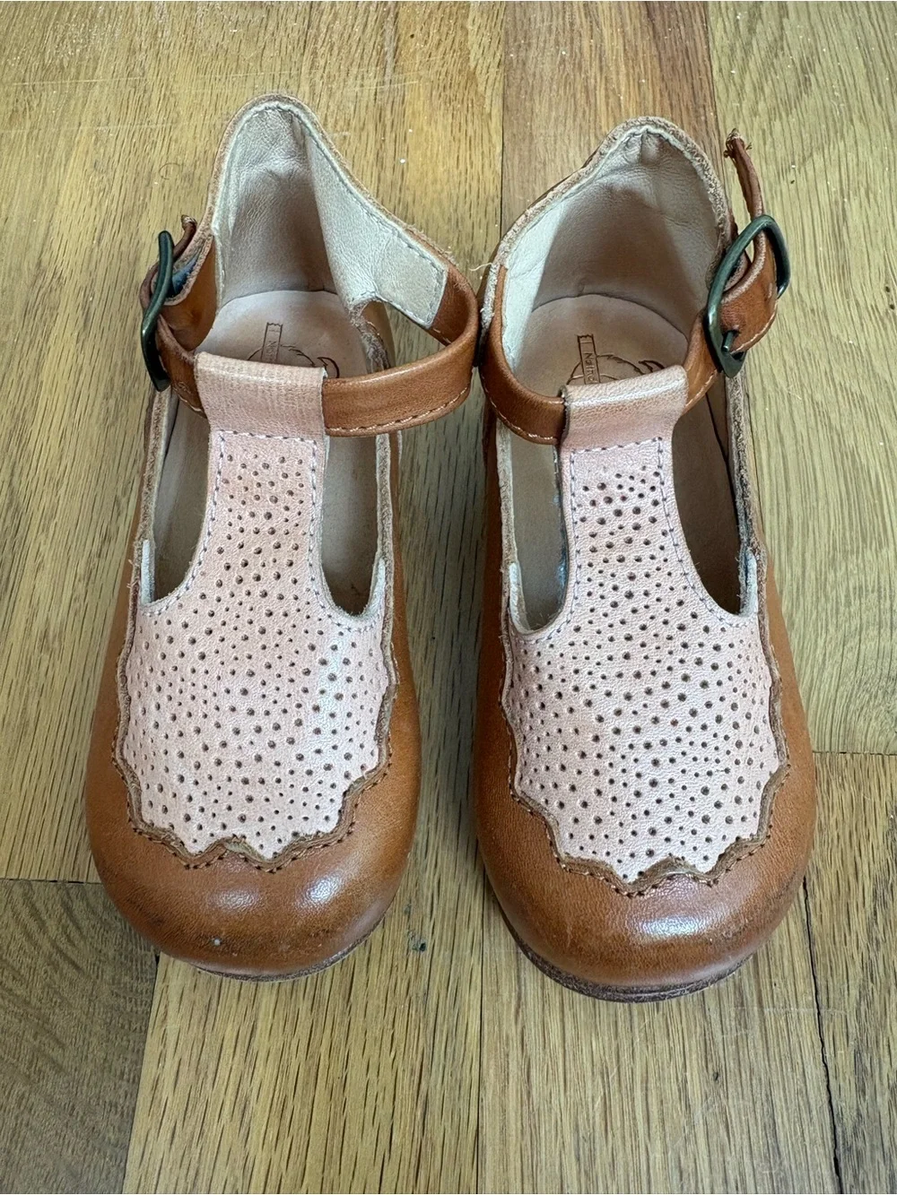Girls' T-Strap Dress Shoes in Tan & Blush by Nathalie Verlinden